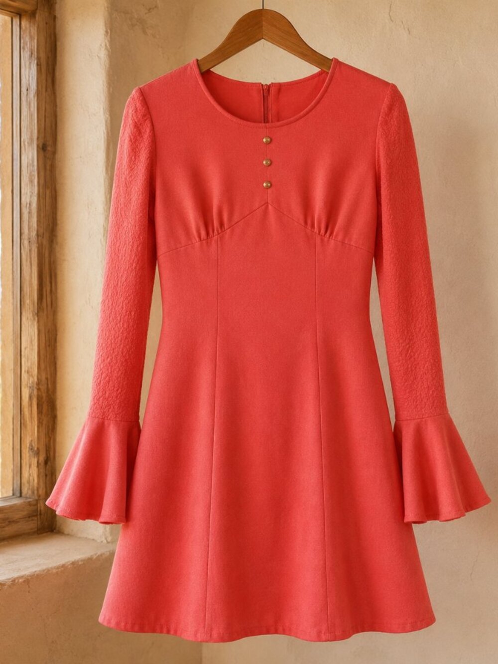 One Owner Vintage 60s 70s Coral Pink Bell Sleeve Mod Mini Dress